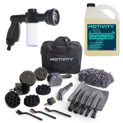 MOTIVITY Essential Foam Wash and Detail Kit – Includes Car Wash Soap, Spray Nozzle, and 21-Piece Brush Set MOTIVITY Essential Foam Wash and Detail Kit – Includes Car Wash Soap, Spray Nozzle, and 21-Piece Brush Set