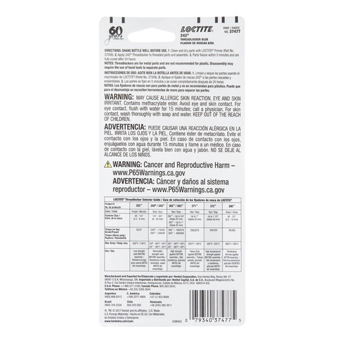 Loctite Threadlocker Blue 242 Medium Strength (LOC492140) (Old PN LOC37477)- 36 mL Bottle