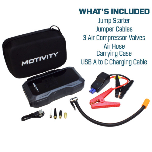 MOTIVITY 4-in-1 Portable Automotive Jump Starter with Air Compressor – 1000A Peak, USB & 12V DC Charging, 150 PSI, LED Flashight, LCD Display – for Cars, Motorcycles, ATVs & More MOTIVITY 4-in-1 Portable Automotive Jump Starter with Air Compressor – 1000A Peak, USB & 12V DC Charging, 150 PSI, LED Flashight, LCD Display – for Cars, Motorcycles, ATVs & More