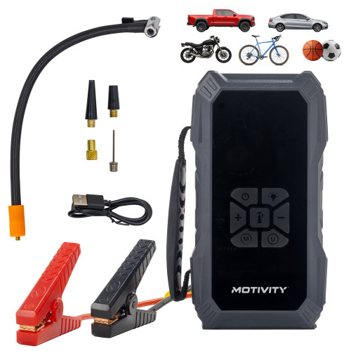 MOTIVITY 4-in-1 Portable Automotive Jump Starter with Air Compressor – 1000A Peak, USB & 12V DC Charging, 150 PSI, LED Flashlight, LCD Display – for Cars, Motorcycles, ATVs & More