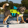 side angle of O'Brien pet flotation vest highlighting shark fin shape and body contour fit