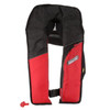 Seachoice red and black inflatable PFD front view showing manual pull handle and buckle strap