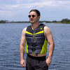O'Brien Men's Flex V-Back 2026 life jacket worn during wakeboarding showing flexible fit and range of motion
