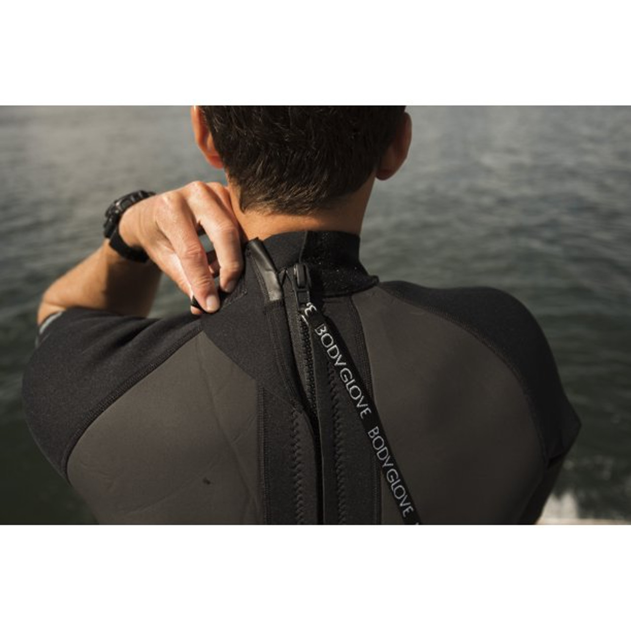 Body Glove Pro 3 wetsuit, back zip wetsuit black, 3/2mm wetsuit, Quadra Flex neoprene wetsuit, multiwatersports wetsuit, flexible spring suit wetsuit, Fairskin neoprene panels, superflex kneepad wetsuit, anatomical cut wetsuit, flatlock stitching wetsuit, wetsuit with key pocket, cold water wetsuit, surfing wetsuit, triathlon wetsuit, Boater’s Outlet wetsuits, Utah wetsuit supplier.