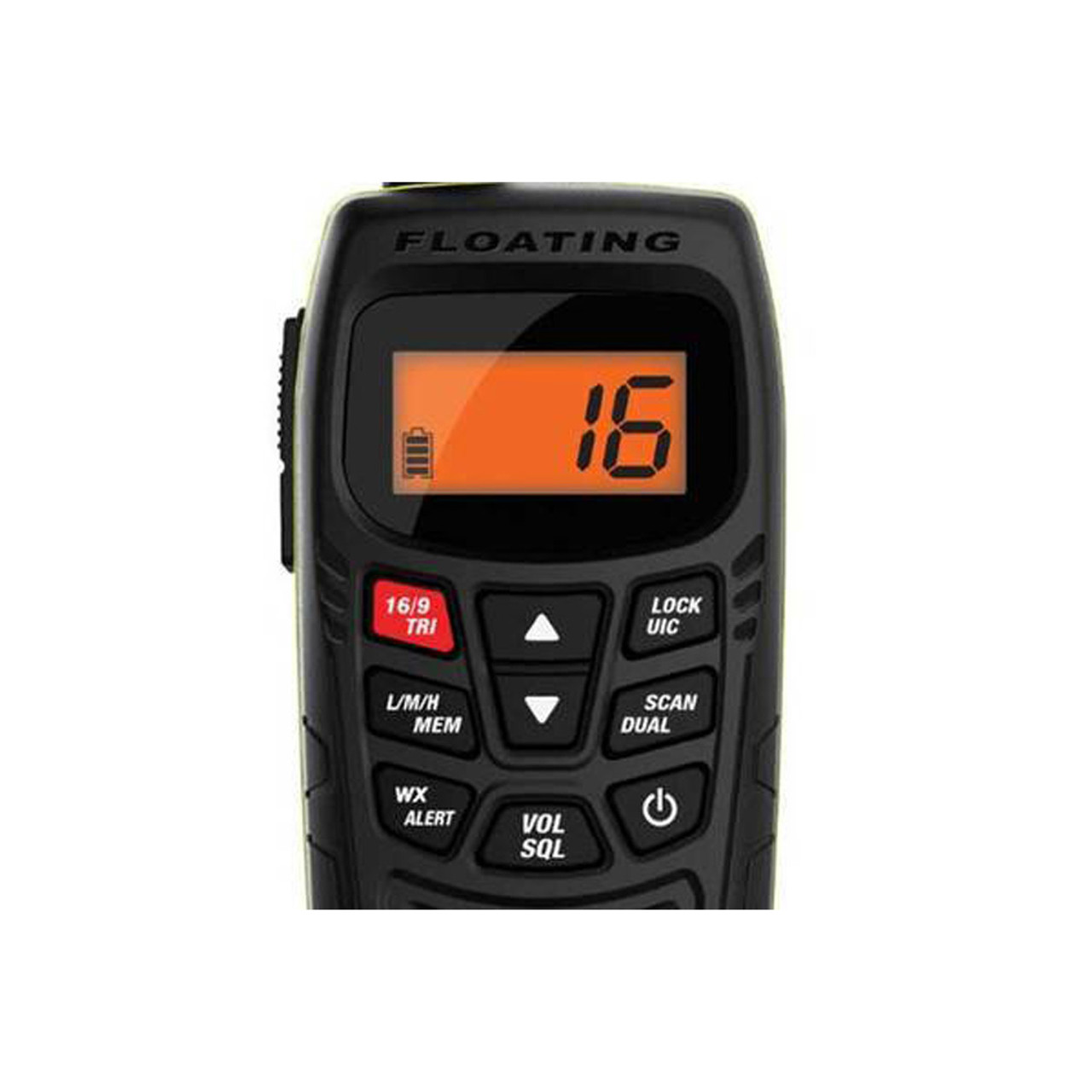 Uniden Atlantis handheld VHF radio, waterproof floating marine radio, 6-watt marine radio, NOAA weather alerts, compact VHF radio, emergency strobe light, IPX8 submersible radio, dual watch VHF radio, marine communication radio, boating safety equipment.