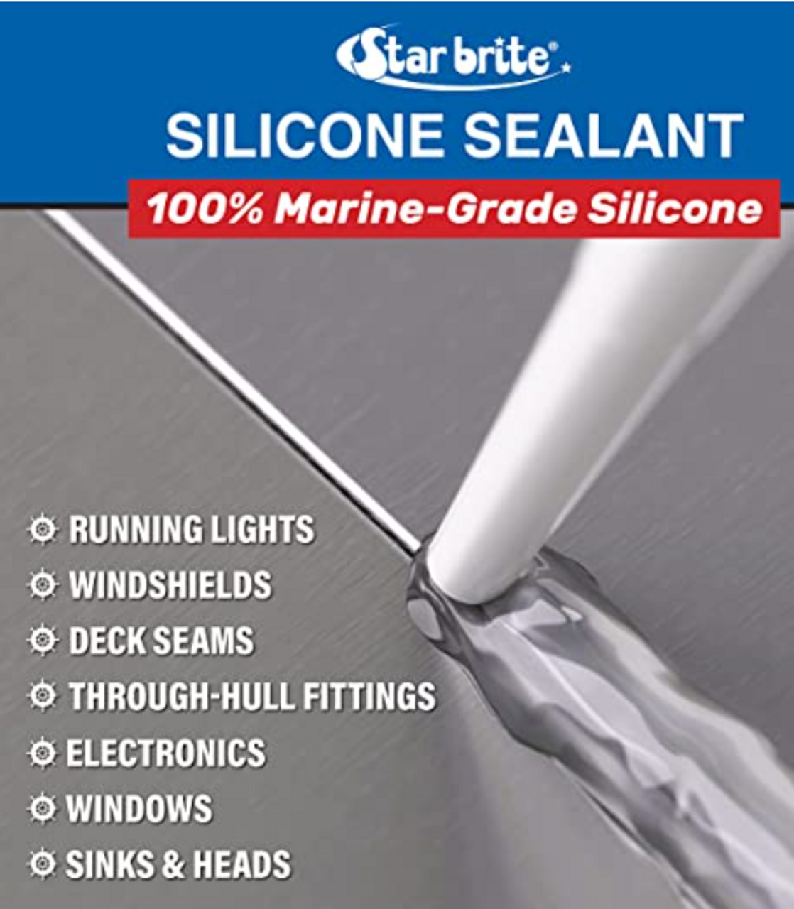 STAR BRITE, silicone sealant, waterproof sealant, clear silicone, boat sealant, deck hardware mounting, marine sealant, weatherproof sealant, DIY silicone, outdoor projects, Boater's Outlet.