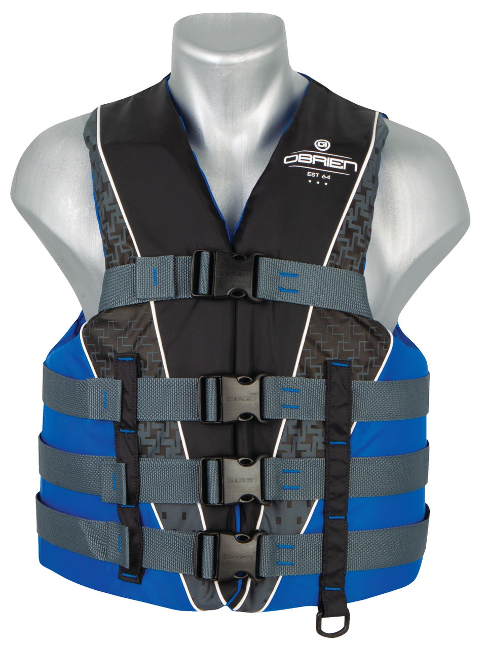O'Brien men's life jacket, sport life jacket, nylon life jacket, flexible foam core, adjustable life jacket, durable life jacket, PWC lanyard attachment, jetski life jacket, big armholes life jacket, extended size range life jacket, comfortable life jacket, life jacket with adjustable belts