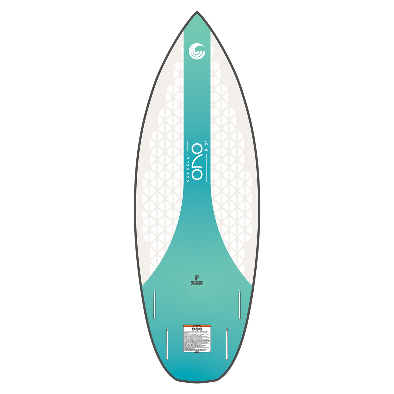 2025 Connelly Ono wakesurfer bottom view featuring a concave hull with center channel and quad Futures fin configuration