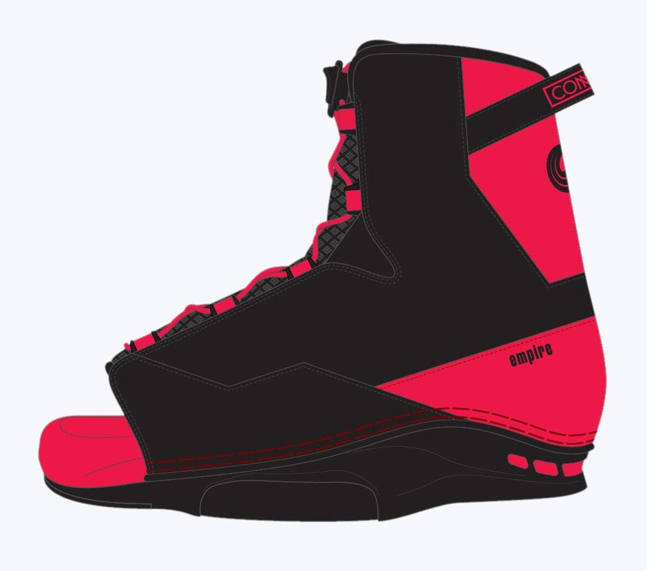 Connelly Empire wakeboard bindings, 2025 Empire bindings, red wakeboard bindings, open-toe wakeboard boots, adjustable wakeboard bindings, Infinity Plate chassis, cush liner bindings, ergonomic wakeboard boots, Achilles pads bindings, impact-absorbing EVA footbed, Connelly bindings Boater's Outlet, beginner to advanced wakeboard bindings, wakeboard binding and board packages Utah.