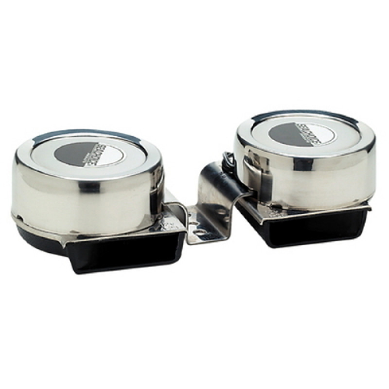 SeaChoice dual horn, electric dual horn, 12V DC horn, stainless steel horn, 108dB horn, compact electric horn, weather-resistant horn, marine horn, horn for tight spaces, horn for boats, outdoor horn, extreme weather horn, compact horn, 12V horn, loud boat horn, dual tone horn, horn with mounting pad, horn with wire harness