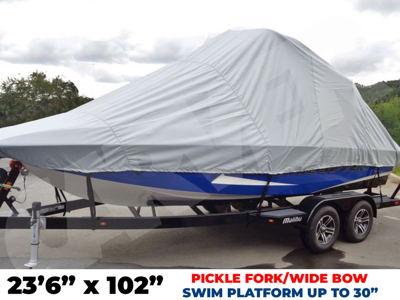 Carver 23'6" by 102" Over-the-Tower Boat Cover for Tournament Ski Boats w/ Wide or Pickle Fork Bow & Swim Platform