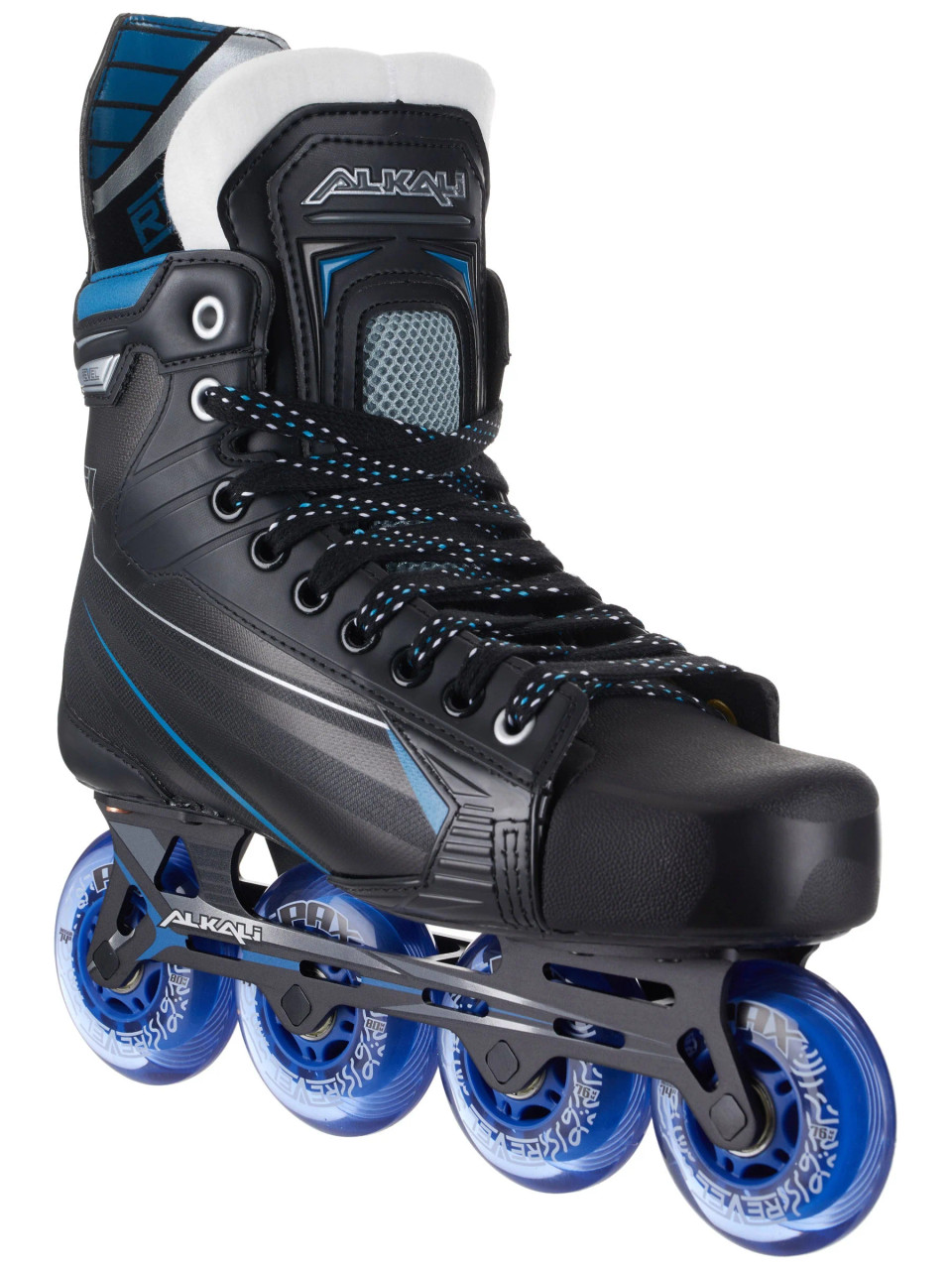 Alkali Revel 4 roller hockey skates, senior roller hockey skates, heat moldable hockey skates, Revel 4 hockey skates, Revel IX construction, 76mm 80mm wheel setup, ABEC 9 bearings, indoor roller hockey skates, Rize chassis, composite inlay hockey skates, brushed tricot liner, one-piece felt tongue, PVC hockey skates, durable roller hockey skates, high-performance roller skates, hockey skates for speed, roller hockey skates for comfort, 6000 series aluminum chassis