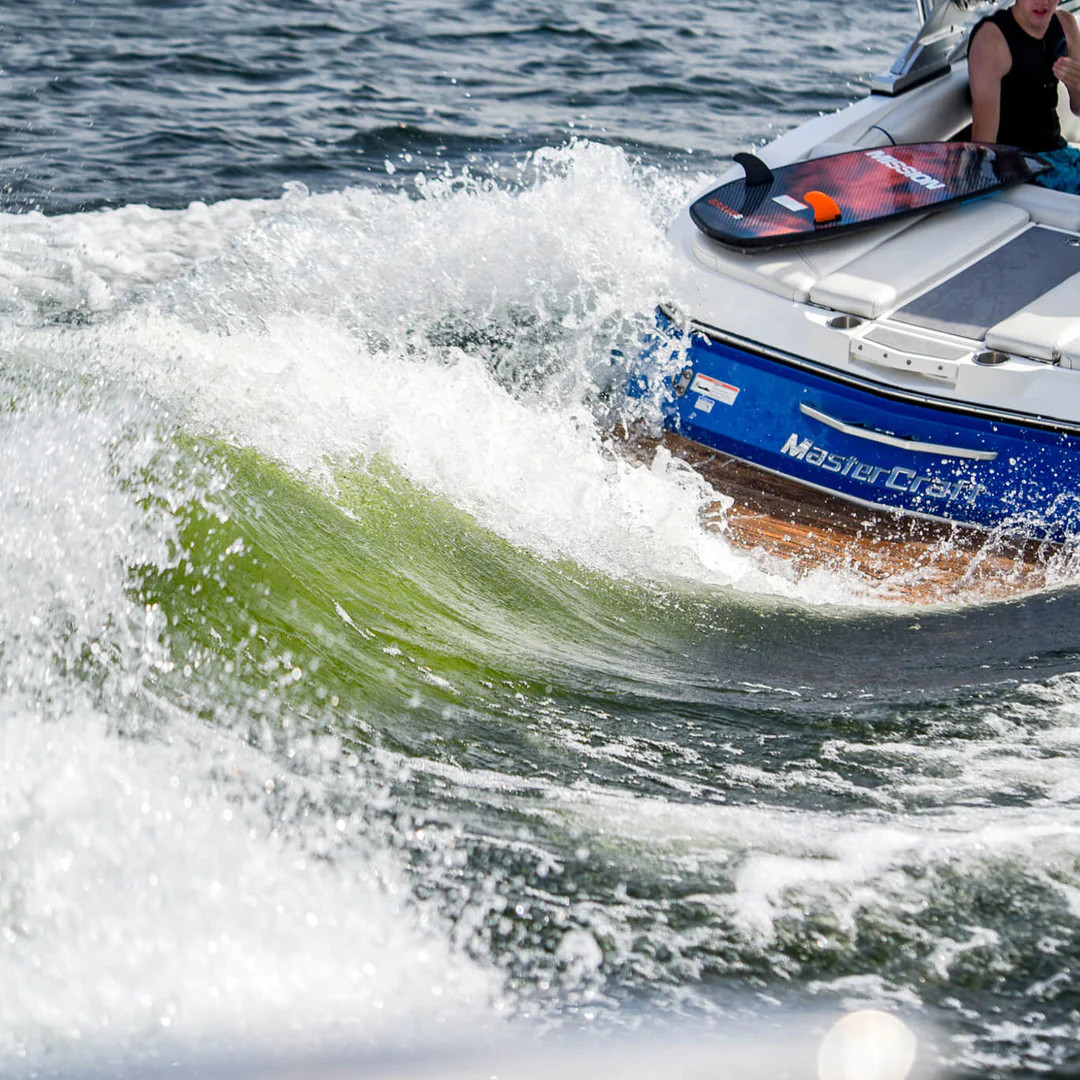 Mission DELTA 2.0 wakesurf shaper with RipFlow Technology creating surf wave