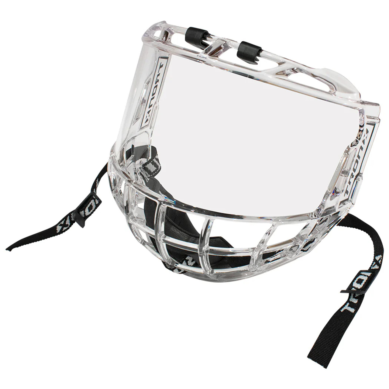 junior hockey visor, full face shield, hockey face shield, TronX S980 visor, clear hockey shield, anti-fog hockey visor, polycarbonate face shield, junior hockey helmet shield, CE certified hockey visor, floating chin cup, scratch-resistant visor, hockey visor with ventilation, lightweight hockey face shield