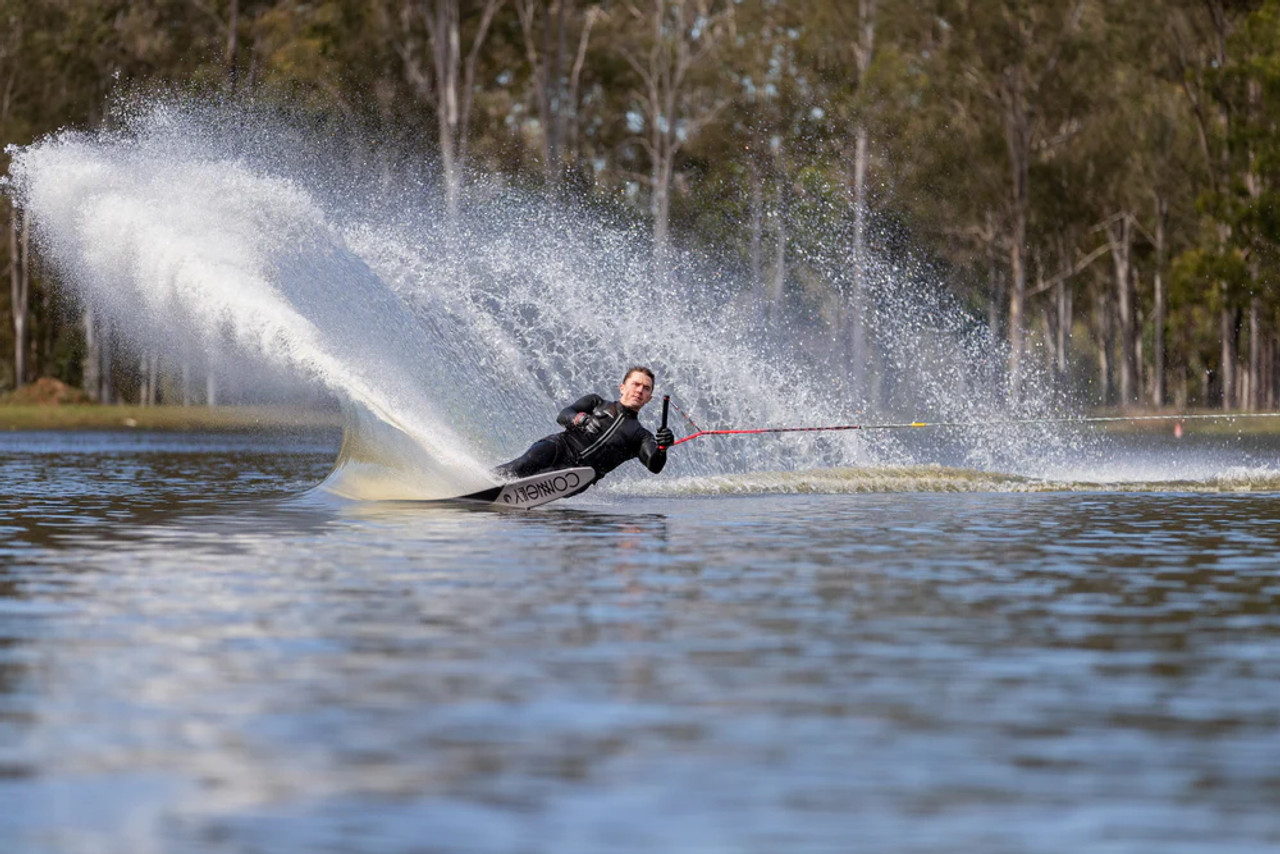 Upgrade your ride with the Connelly DV8 2023 67" Professional Slalom Ski—handcrafted in Lynwood, WA, with a CNC PVC core, carbon layup, and Versatail customization for peak performance.