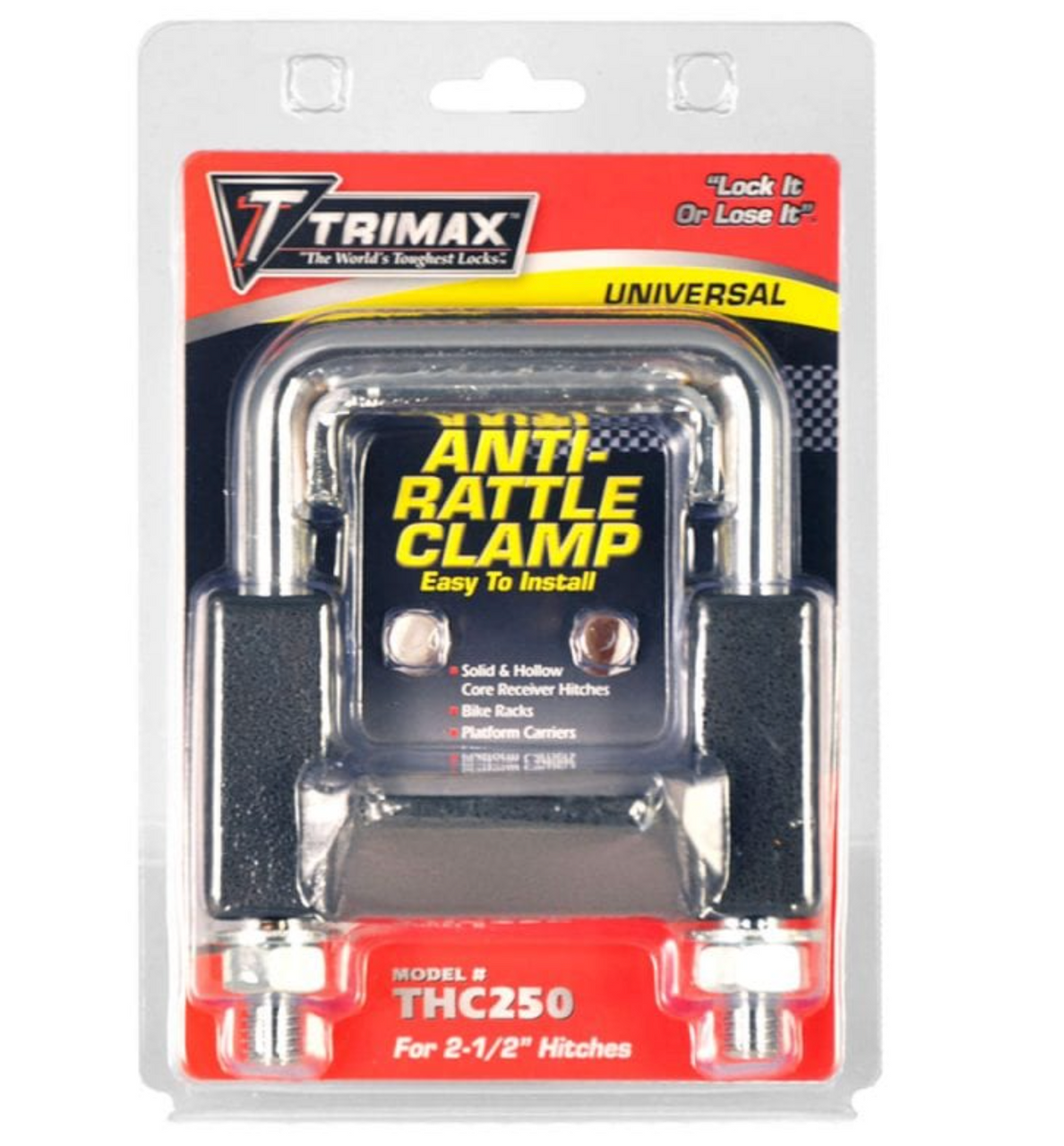 2.5 inch hitch clamp, anti-rattle hitch clamp, TRIMAX hitch clamp, universal trailer hitch clamp, solid core hitch anti-rattle, hollow hitch clamp 2.5", quiet hitch clamp, no rattle hitch accessory, heavy-duty hitch stabilizer, hitch noise reducer