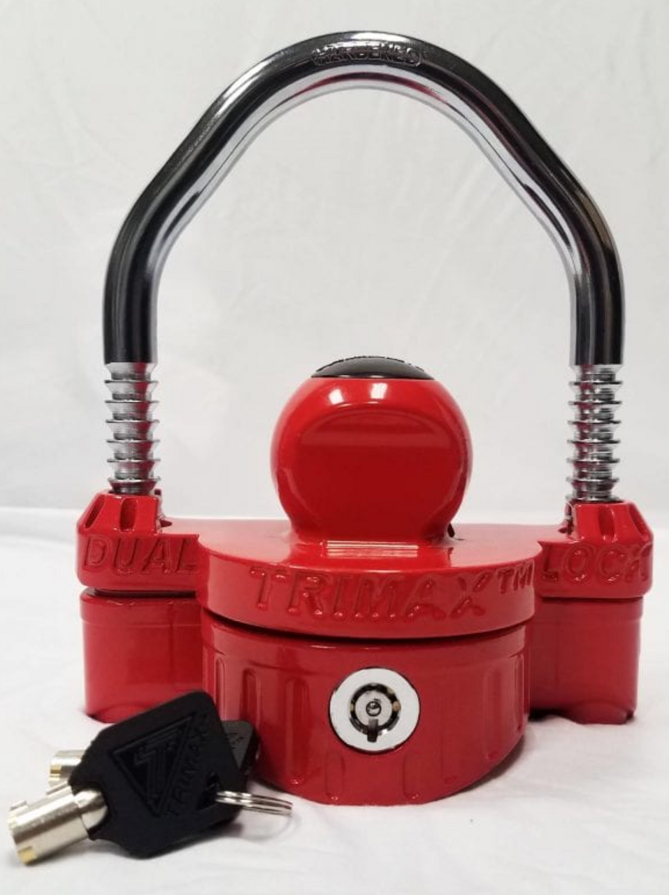 universal coupler lock, cast aluminum trailer lock, 1/2 inch trailer lock, dual-purpose trailer lock, trailer coupler security, 2 inch coupler lock, corrosion resistant trailer lock, narrow body trailer lock, U-lock trailer coupler, heavy duty trailer lock