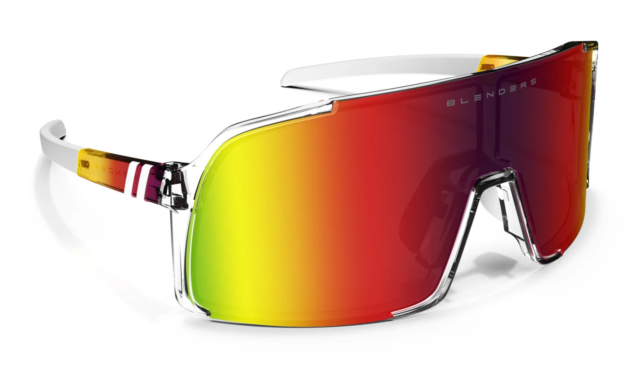 Blenders Exposé Future Ruler polarized sunglasses with red rainbow mirror PureBlend™ lens and clear oversized wraparound frame, unisex sport fit