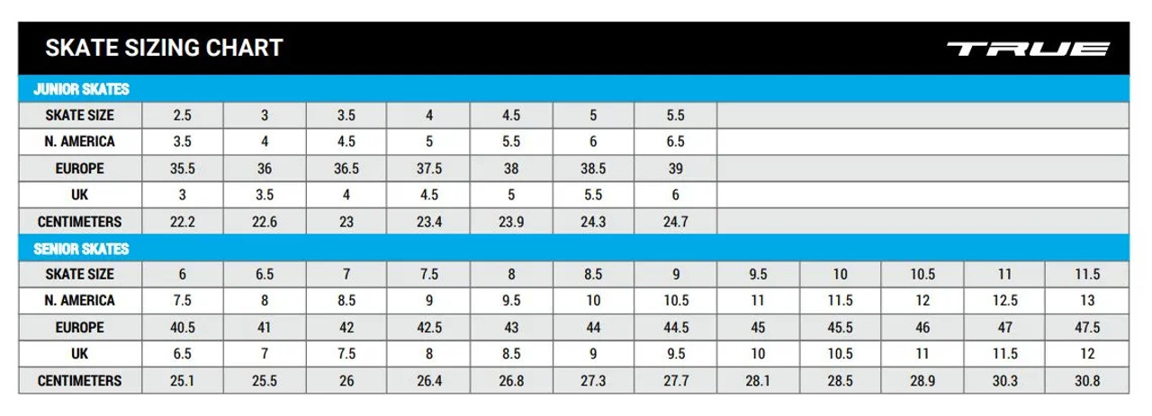 True TF7 Junior Ice Hockey Skates Size Chart