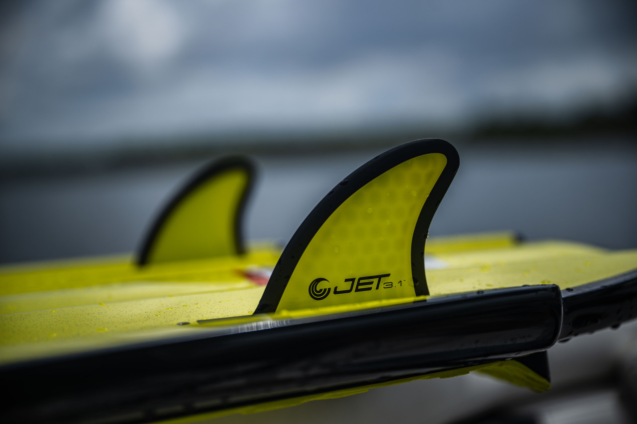 Twin Futures 3.1” fins on Connelly Jet Wakesurf Board close-up lakeside