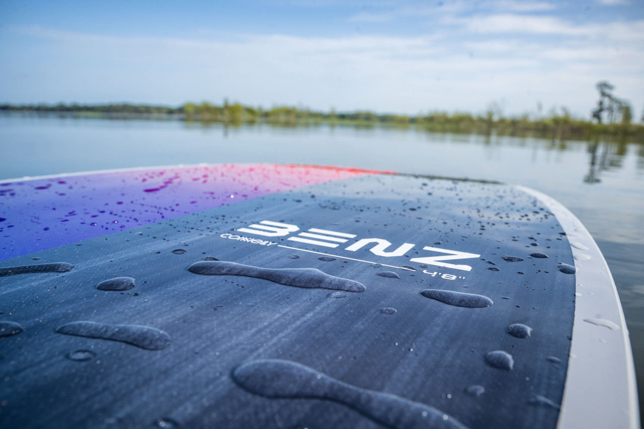 Close up of branding on Connelly Benz Wakesurf Board in lake
