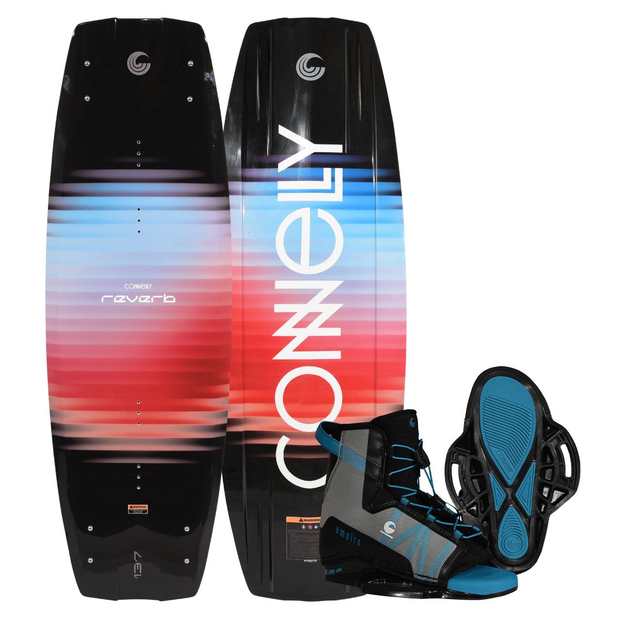 2026 Connelly Reverb Wakeboard with Empire Bindings package – top and base view