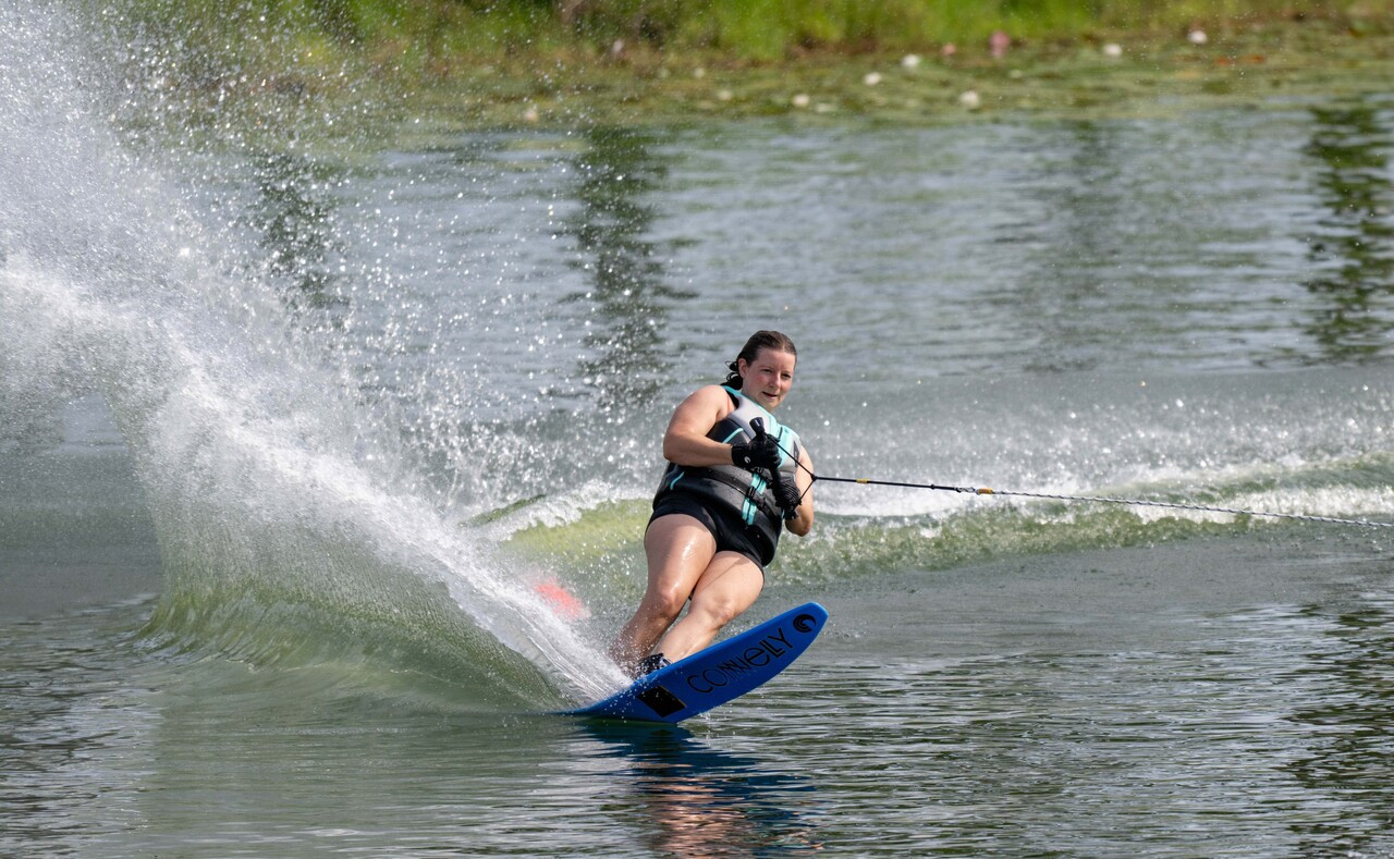 Connelly Concept slalom waterski in action, carving through open water