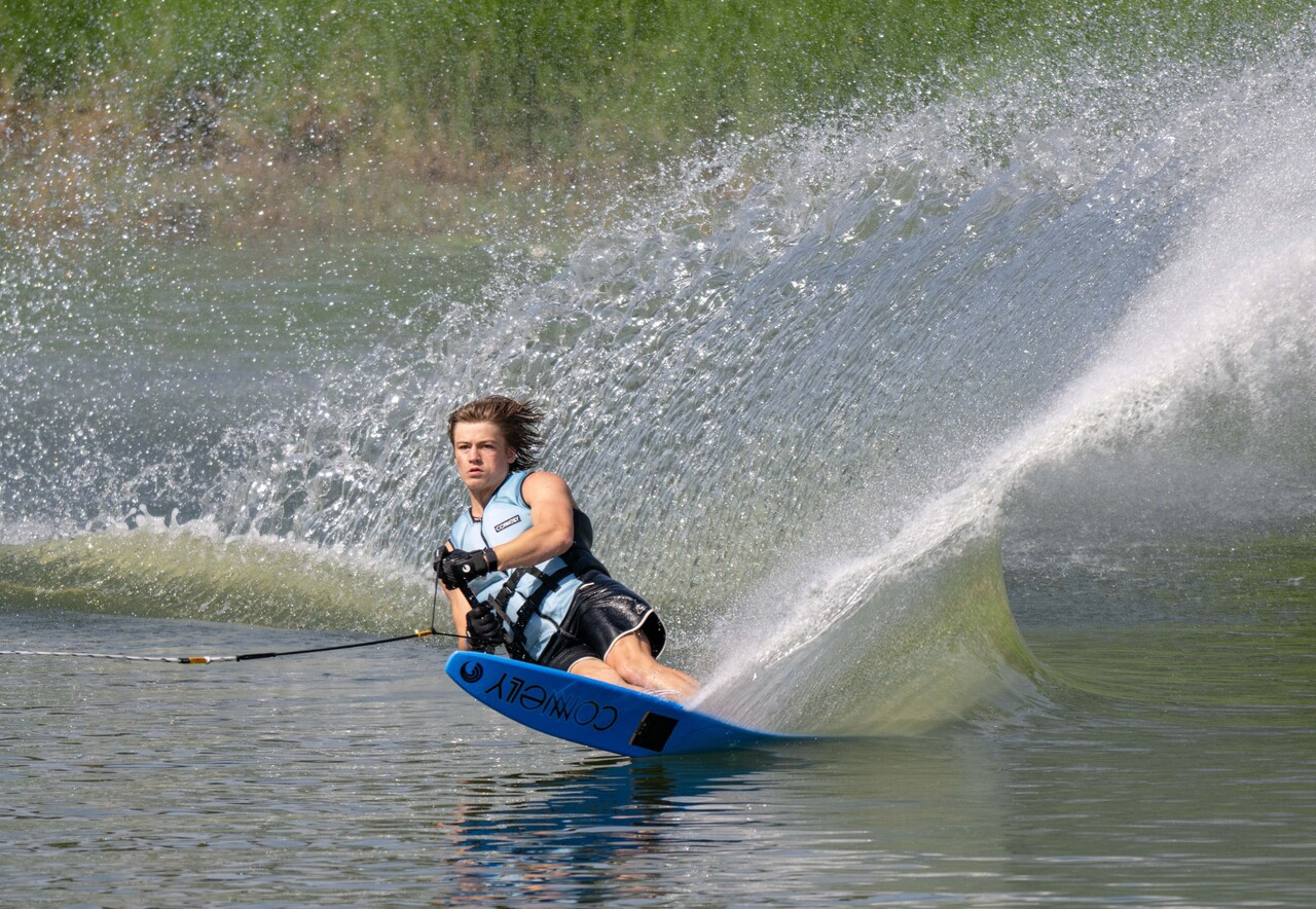 Connelly Concept slalom waterski in action, carving through open water