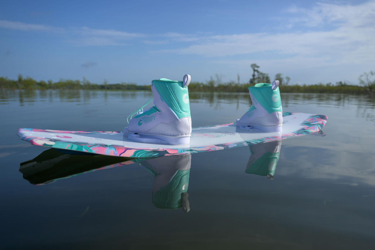 Connelly Women’s Optima Bindings 2026 mounted on wakeboard at Boater’s Outlet Connelly Women’s Optima Bindings 2026 mounted on wakeboard at Boater’s Outlet