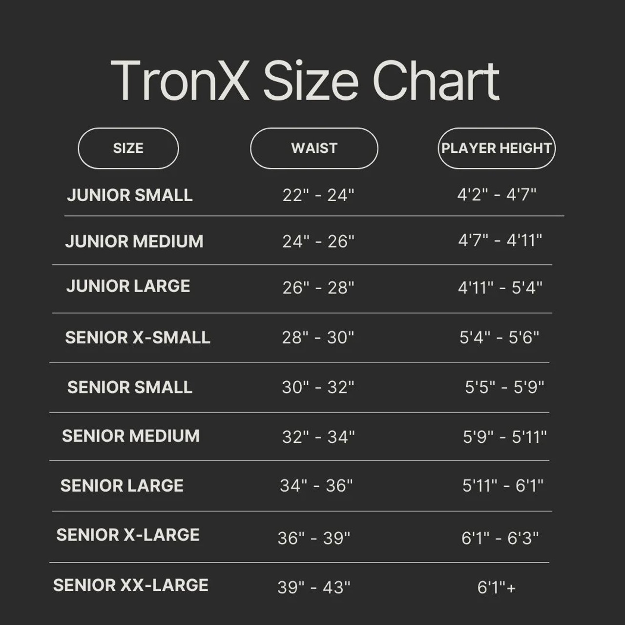 Size chart for TronX Senior Compression Jock Pants