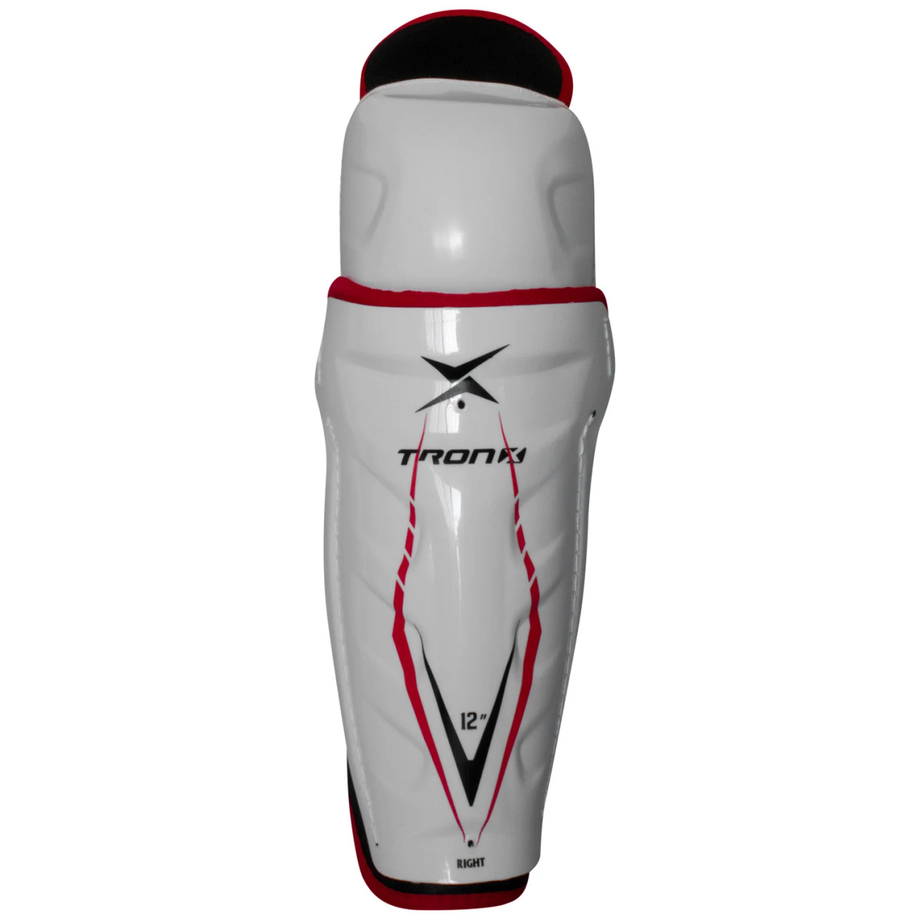 TronX Force Junior Hockey Shin Guards Close-up of anatomically-shaped PE shell