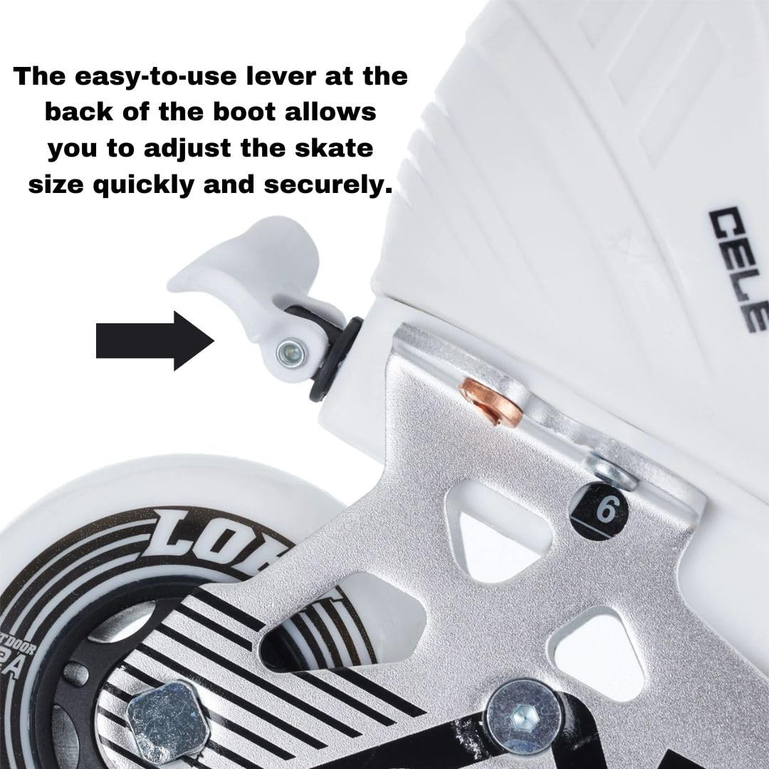 Alkali Cele youth adjustable skate sizing dial and size markings