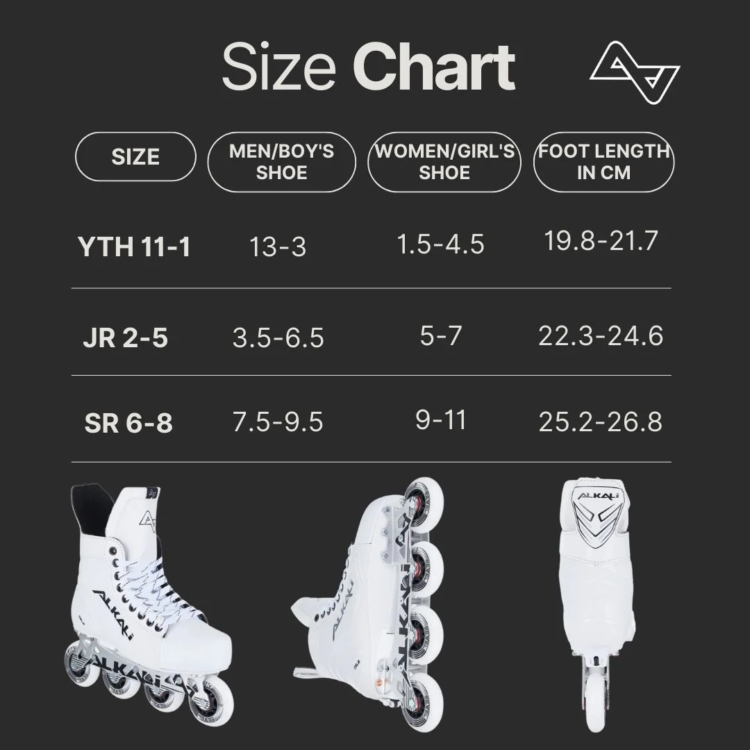 Alkali Cele Adjustable Youth Roller Hockey Skates sizing chart