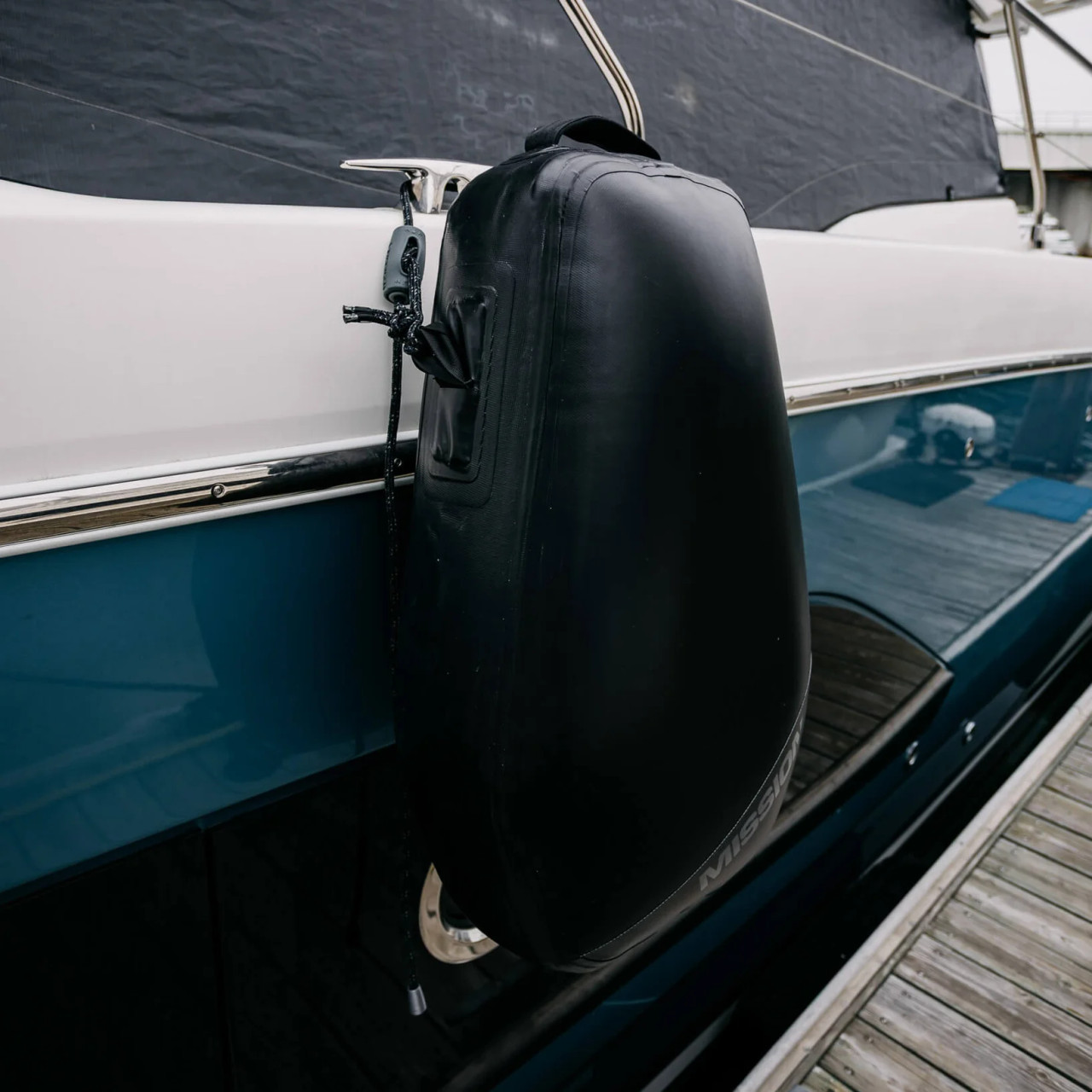 MISSION Boat Gear DYMON inflatable fender showing tall profile above and below rub rail