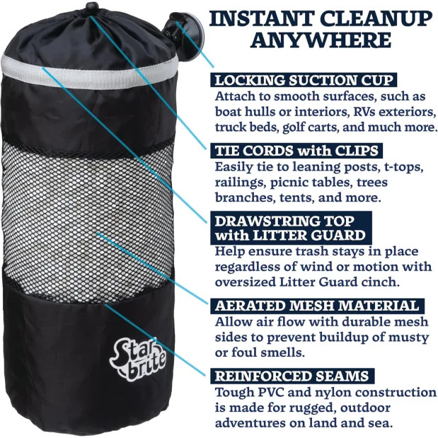 StarBrite marine mesh trash can showing suction cup mount