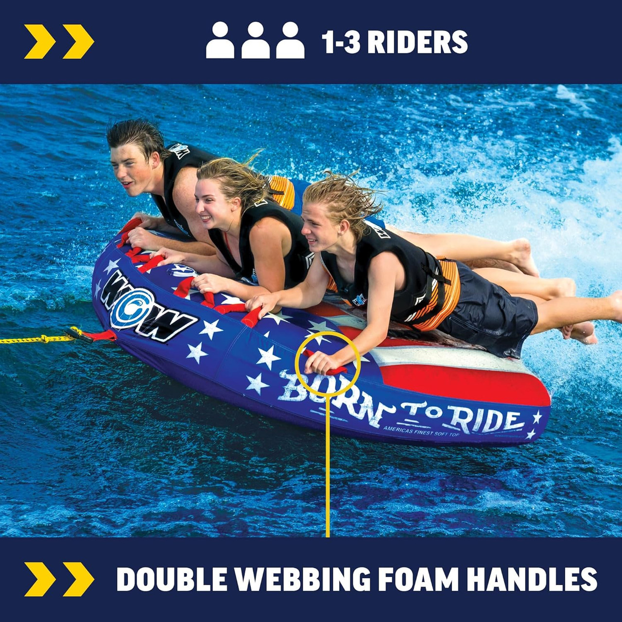 WOW Born To Ride 3 Person Towable Tube infographic showcasing 3-rider capacity