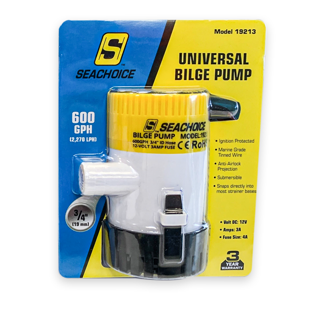 Seachoice 19213 600 GPH 12V universal bilge pump in packaging
