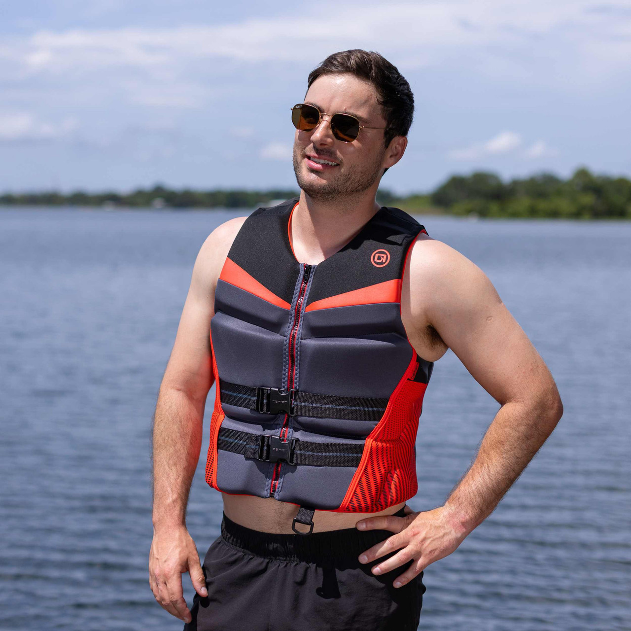 O'Brien Men's Flex V-Back 2026 life jacket worn during wakeboarding showing flexible fit and range of motion