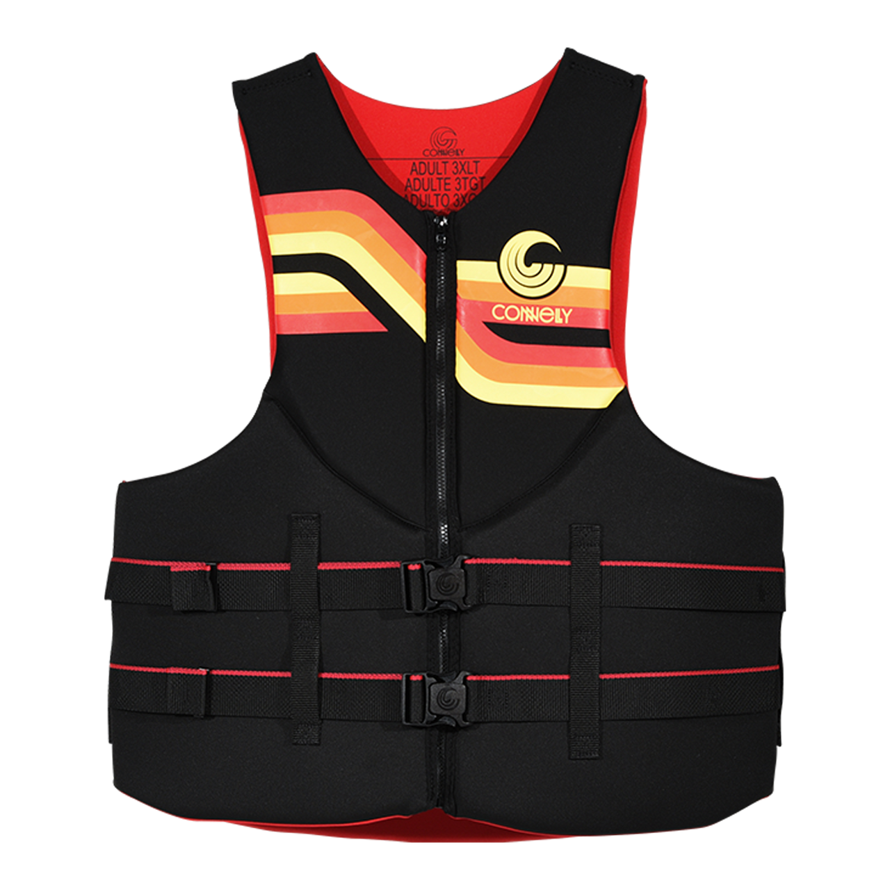 Connelly Big & Tall Men's Promo Neoprene Life Jacket front view with zipper and belts