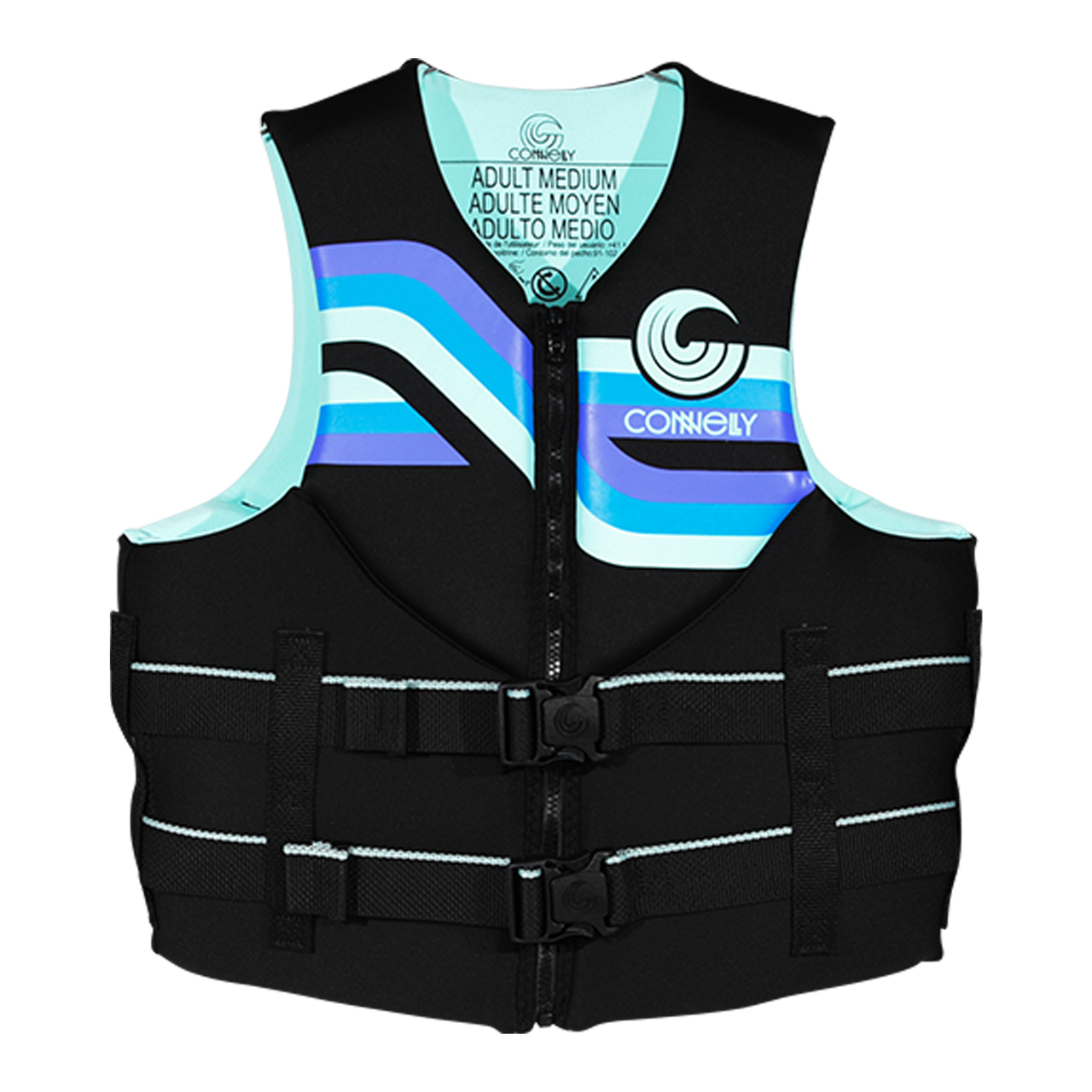 Connelly Women’s Promo Neoprene Life Vest front view with zipper and belts