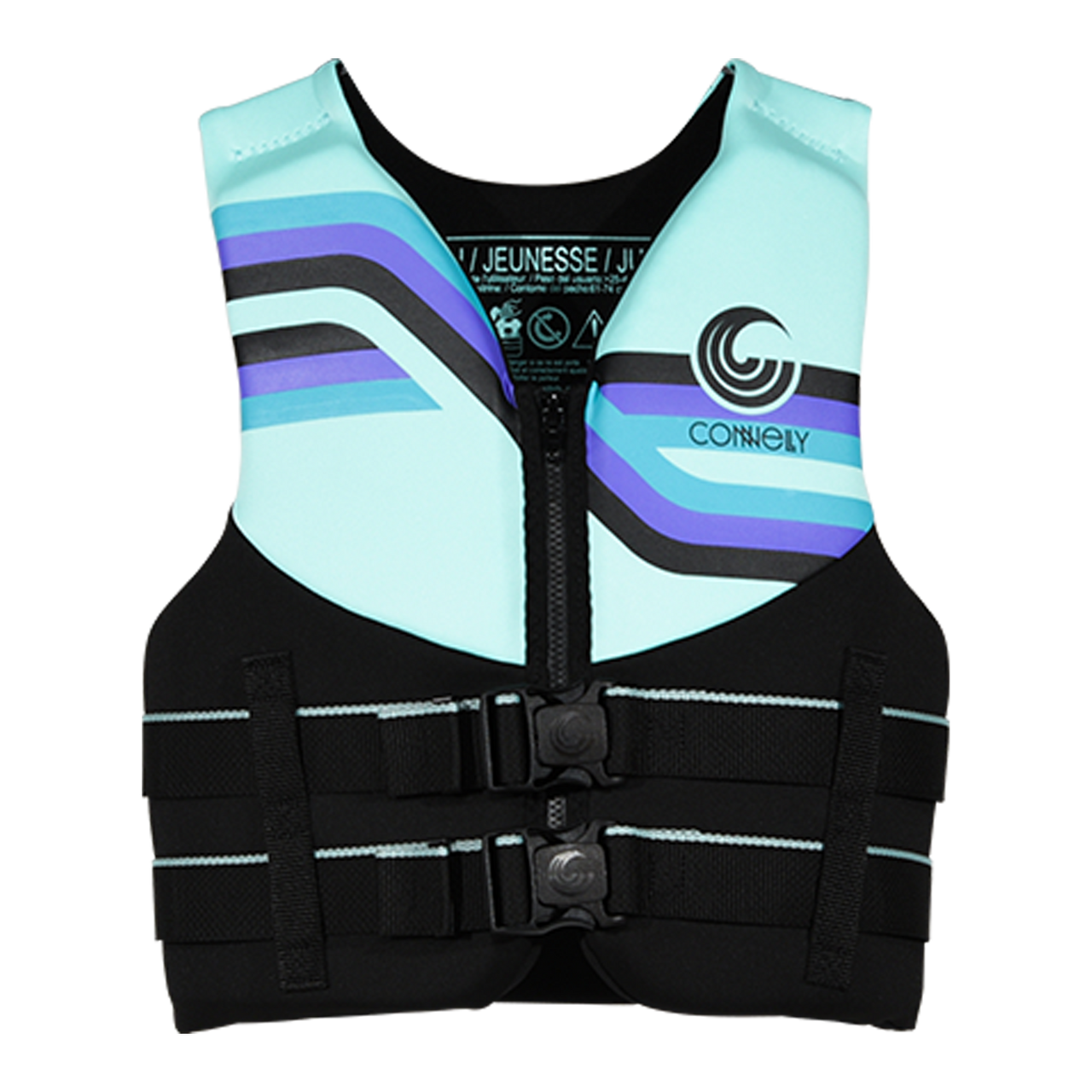 Connelly Youth Promo Neoprene Life Vest Purple Blue front view with zipper and belts