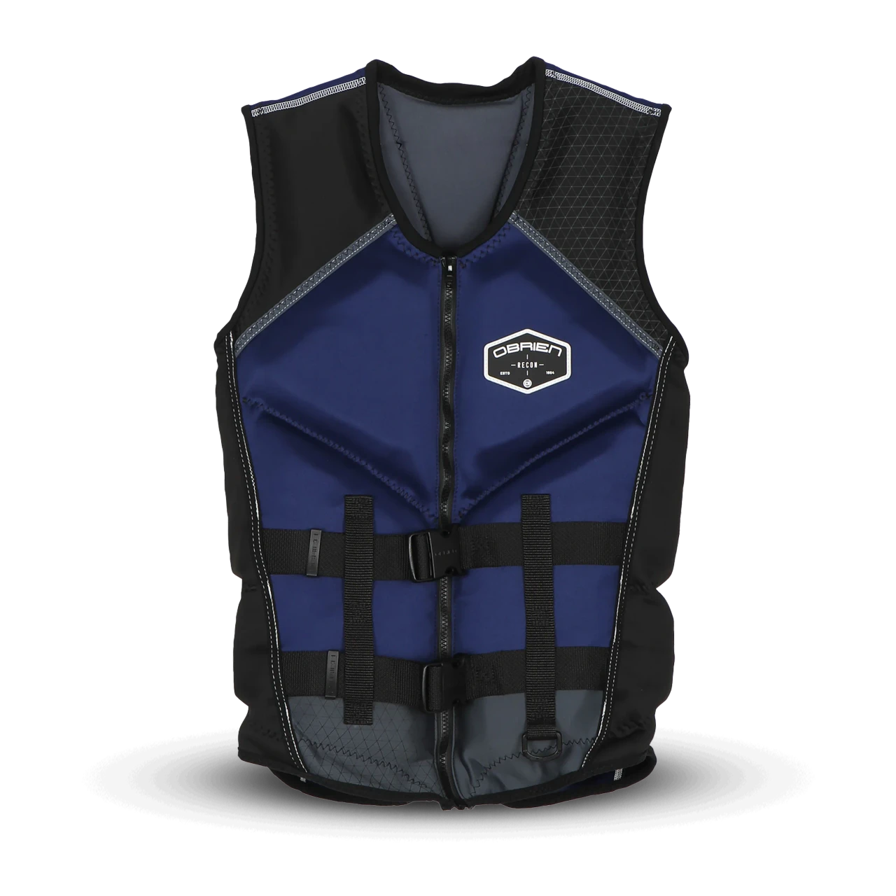 O'Brien Men's Recon Life Jacket Navy front view showing zip closure and sleek design