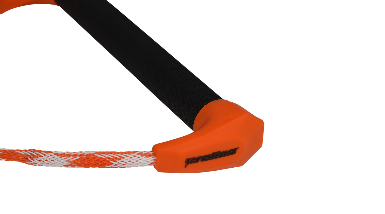 Close-up of Proline AX suede wakesurf handle with EVA backing and orange grip