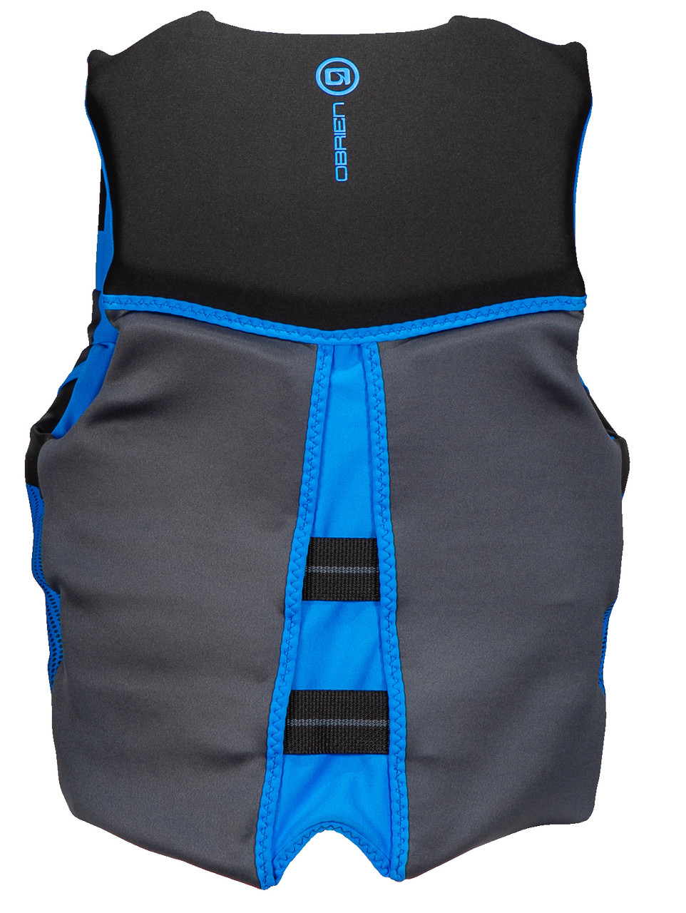 O'Brien 2026 Flex V-Back vest rear view showing split V-back stretch panel in blue and black