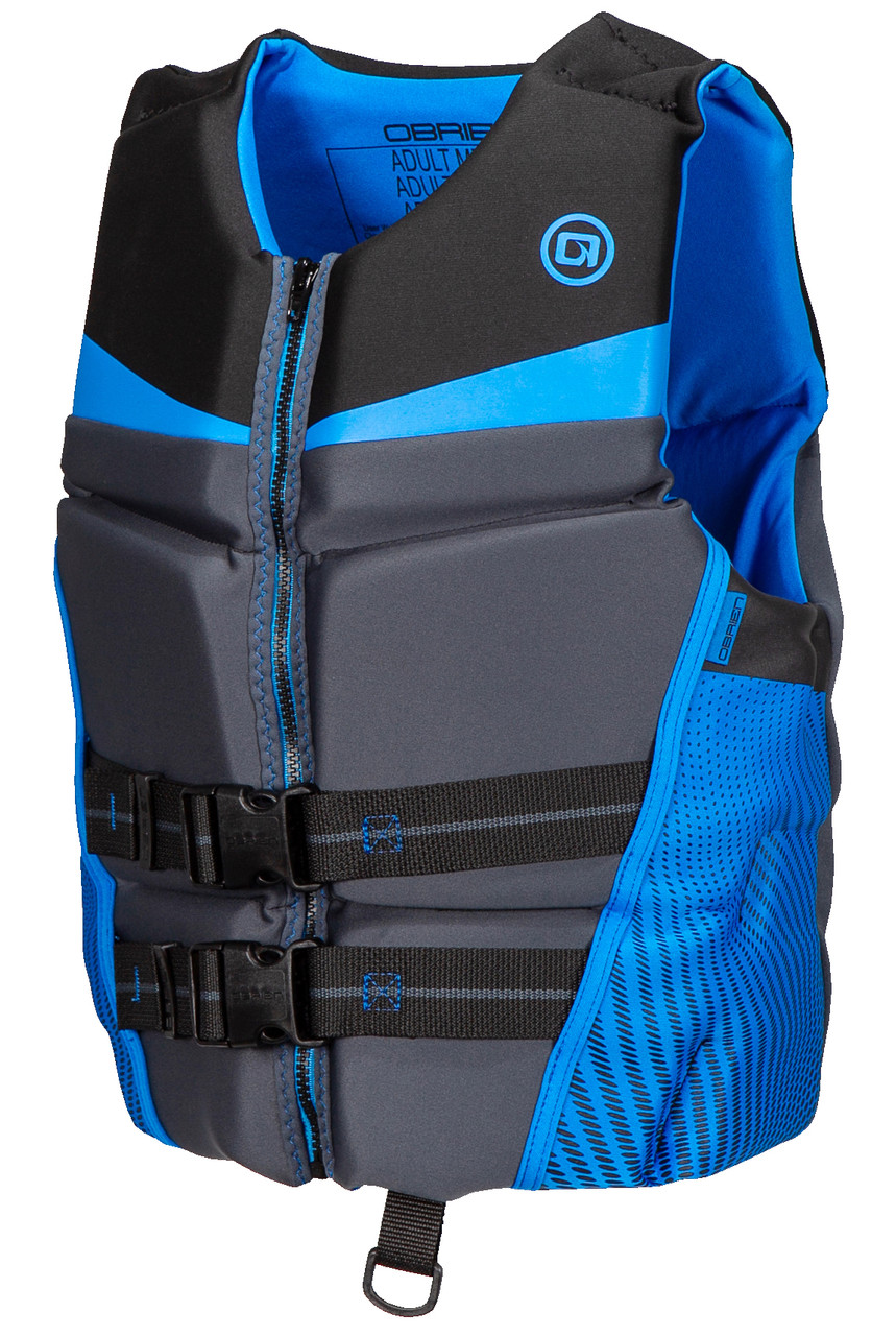 Side profile of O'Brien Men's Flex V-Back life jacket highlighting multi-hinge segmentation and fit