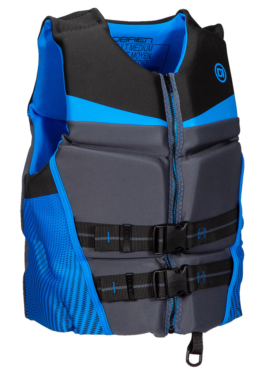 Detail of wide armhole cut on O'Brien Men's 2026 Blue/Black life jacket for enhanced mobility