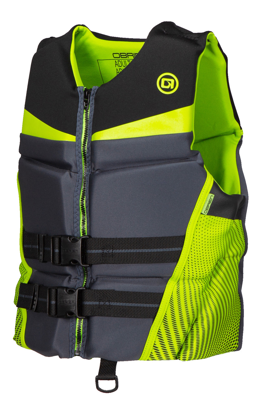 Side profile of O'Brien Men's Flex V-Back life jacket highlighting multi-hinge segmentation and fit
