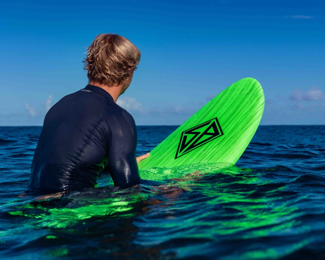 Scott Burke 6' Baja Soft Surfboard with green deck and fish tail shape
