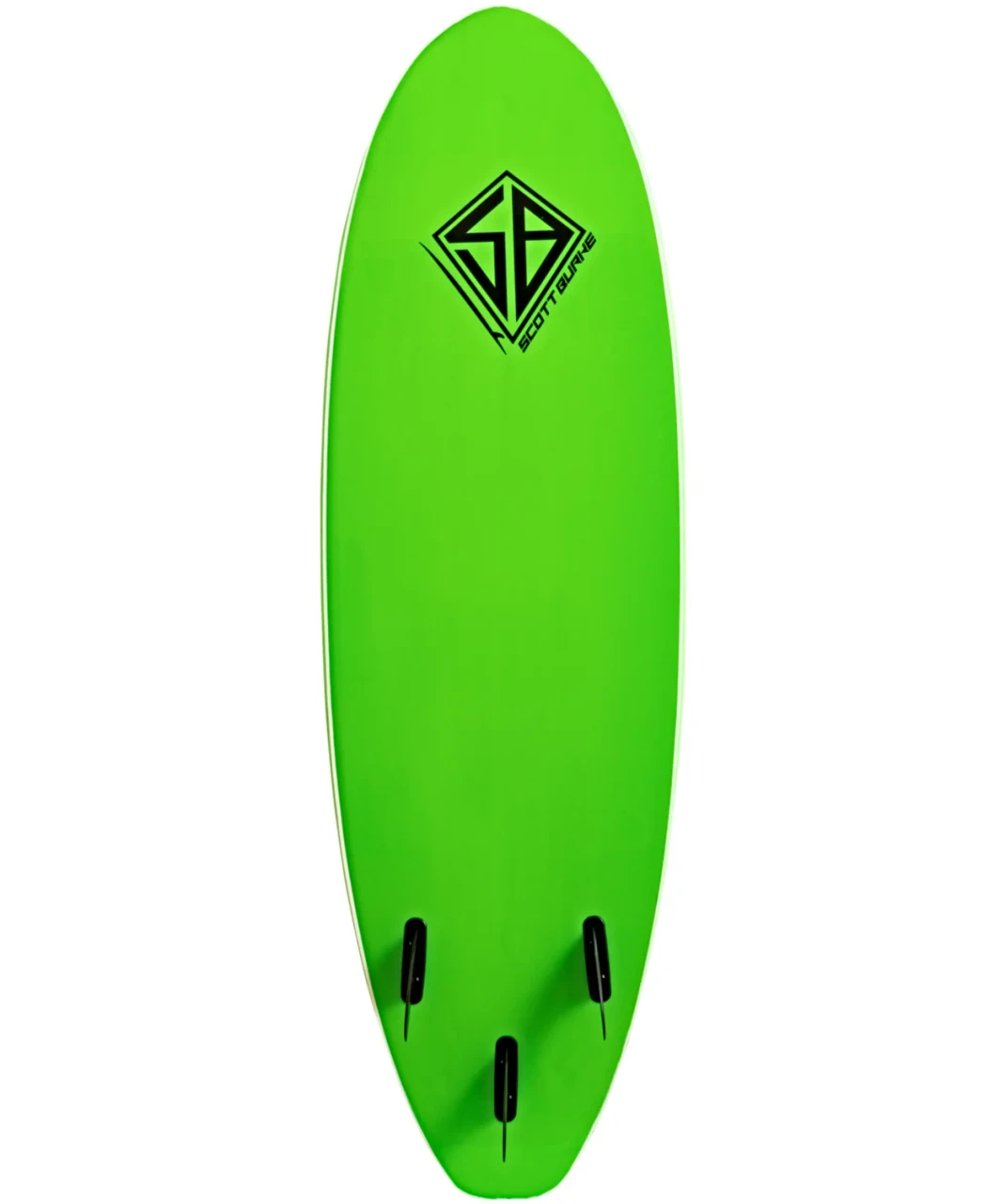 Rear fish tail on Scott Burke Baja soft surfboard with attached traction pad