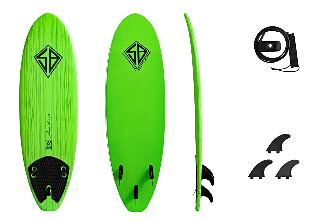 Scott Burke 6 foot Baja fish surfboard with included tri-fin setup and leash